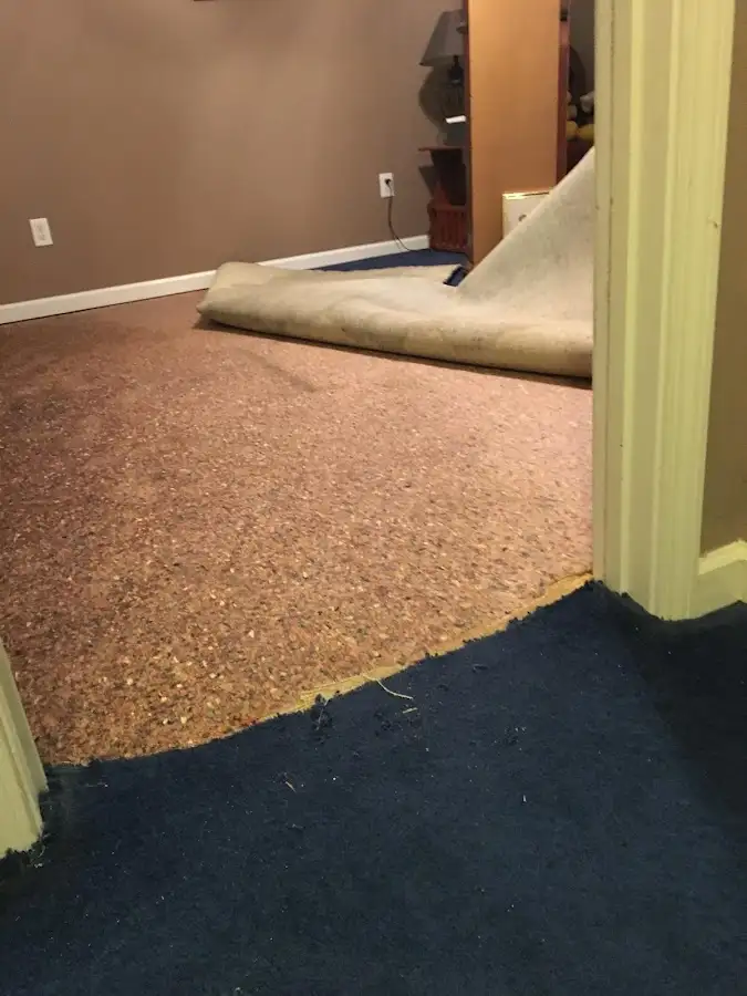 Carpet pad removal revealing water damage during Water Mitigation Services in Countryside